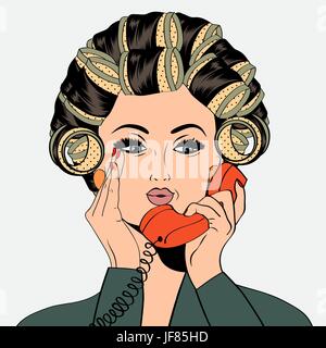 Donna con bigodini in loro capelli parlando al telefono, isolato su bianco Illustrazione Vettoriale