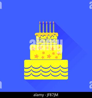 Vector giallo torta di compleanno icona isolato su sfondo blu Illustrazione Vettoriale