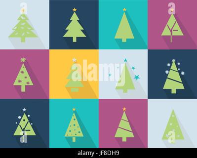 Set di icone con albero di natale e stelle - verde Illustrazione Vettoriale