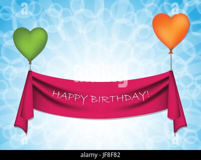 Buon compleanno nastro sul cuore di palloncini Illustrazione Vettoriale