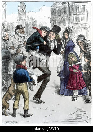 A Christmas Carol, romanzo di Charles Dickens (7 febbraio 1812 - 9 giugno 1870). Bob Cratchit portando Tiny Tim: "Egli era stato Tim di sangue di cavallo a tutti la via dalla chiesa ed era venuto a casa rampante.' illustrazione da Fred Barnard (1846 - 1896) Foto Stock