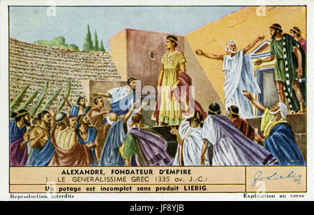 Alessandro il Grande (20/21 luglio 356 BC - 10/11 Giugno 323 BC). Alexander è aggiudicato il generalship della Grecia dopo il successo del suo padre sul trono. Liebig collezionisti card, 1950 Foto Stock