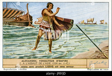 Alessandro il Grande (20/21 luglio 356 BC - 10/11 Giugno 323 BC). Invasione dell'impero Achemenide, 334 BC. Liebig collezionisti card, 1950 Foto Stock