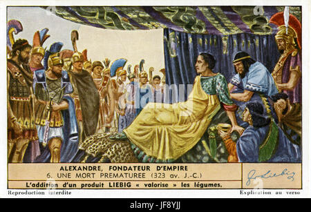 Alessandro il Grande (20/21 luglio 356 BC - 10/11 Giugno 323 BC). La morte in età di 32 da una improvvisa malattia, 323 BC. I suoi soldati di pagare i loro rispetti a lui sul letto di morte. Liebig collezionisti card, 1950 Foto Stock