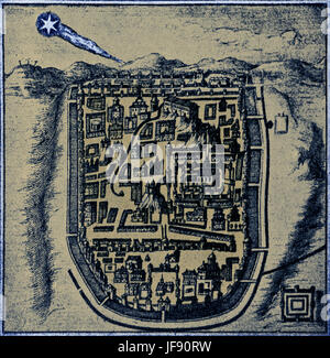 Cometa di Halley era visibile su e intorno a gennaio 25th, 66 CE. è apparso in tutto il tempo della ribellione ebraica e solo quattro anni prima della distruzione del Secondo Tempio di Gerusalemme da parte dei Romani nel 70 CE. Pensato per essere la spada menzionato da Giuseppe Flavio su Gerusalemme, prima della sua caduta. (Così era quando una stella, che assomiglia a una spada, sorgeva sulla città e una cometa che ha continuato per un anno." (guerra 6.5.4 288-289)). Discussione su se questa è stata la stella di Betlemme Foto Stock