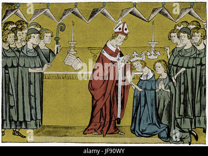 Enrico VII (Heinrich), c. 1275 - 24 agosto 1313, Sacro Romano Imperatore e Re di Germania. Incoronazione come Re di Germania nel duomo di Aachen, 1309 Foto Stock