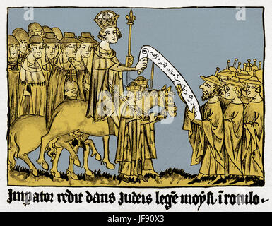 Enrico VII (Heinrich), c. 1275 - 24 agosto 1313, Sacro Romano Imperatore e Re di Germania, essendo indirizzato dalla comunità ebraica e la richiesta di tutela dei loro diritti e libertà, dopo la sua incoronazione a Imperatore nel 1312. Foto Stock
