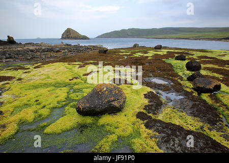 Vista di Tulm isola dalla pittoresca spiaggia della Baia di Duntulm nella parte settentrionale della penisola di Trotternish, Isola di Skye, Highlands, Scotland, Regno Unito Foto Stock