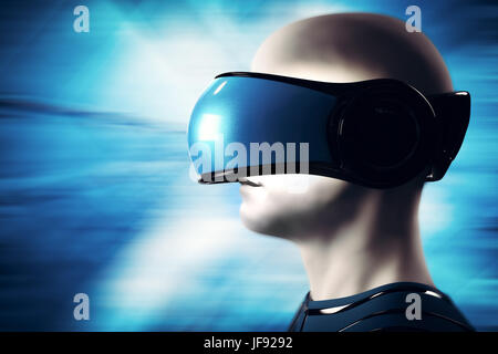 In realtà virtuale. Uomo che indossa goggle auricolare. La tecnologia del futuro. Il rendering 3D Foto Stock
