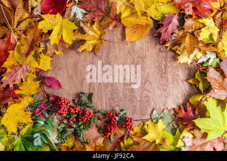 Cornice fatta di foglie di autunno su legno. Colori d'autunno sfondo Foto Stock