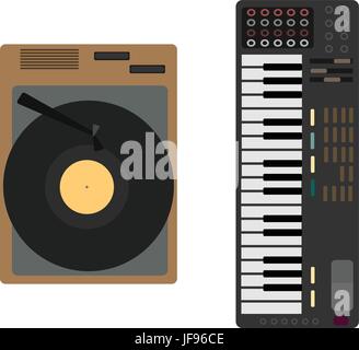 Cartoon Musical Instrument set. Il grammofono, sintetizzatore Illustrazione Vettoriale