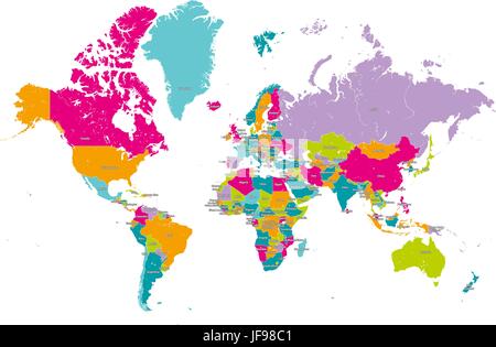 Mappa del mondo con i paesi i confini e i nomi paese stock Illustrazione Vettoriale