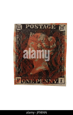 "Uno nero penny", il primo francobollo al mondo, è esemplare con il timbro postale tipica croce di Malta, Inghilterra 1849. Foto Stock