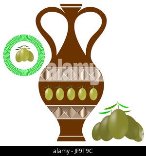 Anfora greca isolati su sfondo bianco. Icona di olive su sfondo bianco. Illustrazione Vettoriale