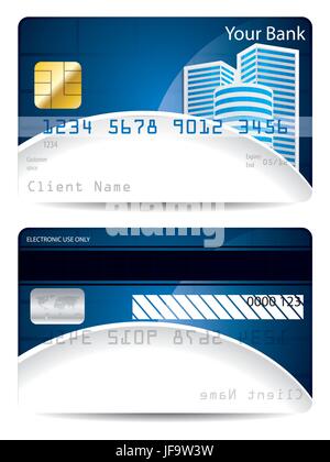 Carta di credito modello in blu e bianco con skyskrapers Illustrazione Vettoriale