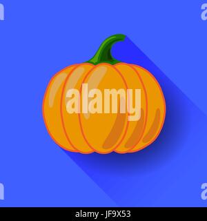 Arancione Icona zucca isolato su sfondo blu. Lunga ombra. Simbolo di Halloween Illustrazione Vettoriale