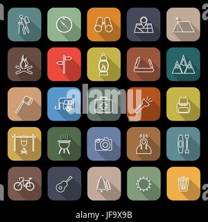 Trekking linea icone piatta con lunga ombra Illustrazione Vettoriale