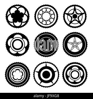 Moto Ingranaggi e pignoni posteriori. Set di sagome Chainwheels Illustrazione Vettoriale
