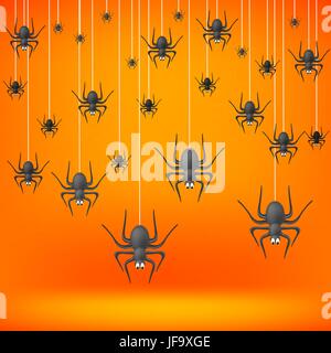 Impostare od ragni grigio cadere sul morbido sfondo arancione. Simboli di Halloween. Illustrazione Vettoriale