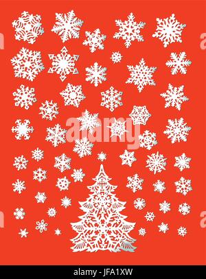 Abstract White Christmas Tree con i fiocchi di neve su gradiente rosso sfondo, design piatto. Illustrazione vettoriale EPS10 Illustrazione Vettoriale