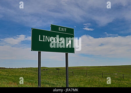 US Highway Exit segno per Lincoln Foto Stock