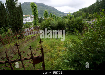 Unkempt sepoltura plot Møllendal cimitero di Bergen, Norvegia, con lo sfondo della città di sconfinare nella distanza. Foto Stock