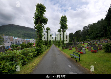 Percorso principale attraverso Møllendal cimitero di Bergen, Norvegia, con la città di sostituirci a sinistra. Foto Stock