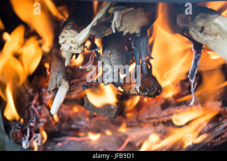 Il fuoco nella piccola stufa portatile Foto Stock