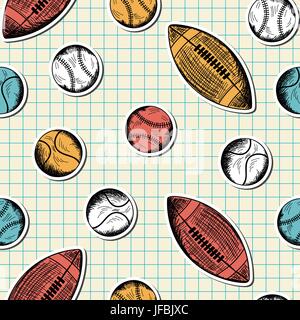 Modello senza cuciture con disegnati a mano diverse sfere di sport Illustrazione Vettoriale