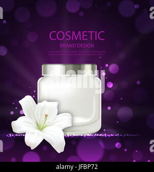 Illustrazione Poster rinfrescante di prodotto cosmetico con fiore giglio della bottiglia vuota pacchetto con crema. Il modello di progettazione foglietto, flyer, scheda - Foto Stock