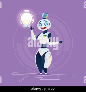 Simpatici robot femmina in attesa della lampadina luce di innovazione moderna intelligenza artificiale il concetto di tecnologia Illustrazione Vettoriale