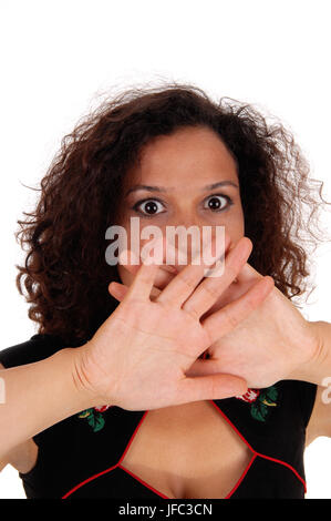 Scioccato la donna con la mano sulla bocca. Foto Stock