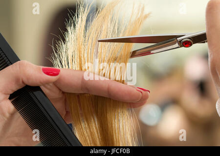 Vista ravvicinata del parrucchiere femmina mani il taglio di capelli suggerimenti. Restauro di cheratina, capelli sani, capelli più recenti tendenze della moda, cambiando taglio di capelli, sh Foto Stock