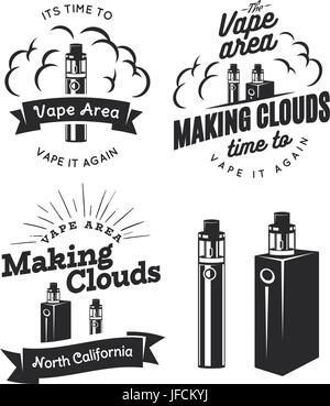 Set di vape, e-logo di sigaretta, emblemi e distintivi isolati su sfondo bianco. Vettore illustrazione vintage. Illustrazione Vettoriale