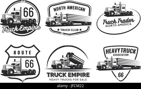 Set di classic heavy truck logo, emblemi e stemmi. Camion con rimorchio e punta carrello. Illustrazione Vettoriale. Illustrazione Vettoriale