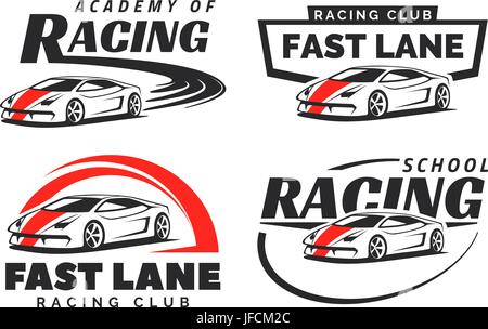 Set di sport car racing logo, emblemi e stemmi isolati su sfondo bianco. Racing school o accademia gli elementi di design. Illustrazione Vettoriale