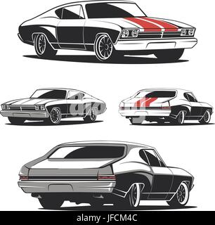 Set di muscle car modelli per le icone e gli emblemi isolati su sfondo bianco. Fronte e retro vista isometrica. Auto isolati su sfondo bianco. Illustrazione Vettoriale