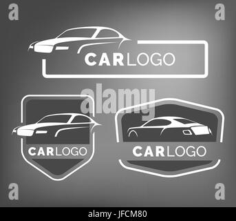 Set di auto moderna emblemi, stemmi e icone. Le moderne auto sportive silhouette logo design template per auto di servizio, servizio pneumatici e lavaggio auto. Illustrazione Vettoriale