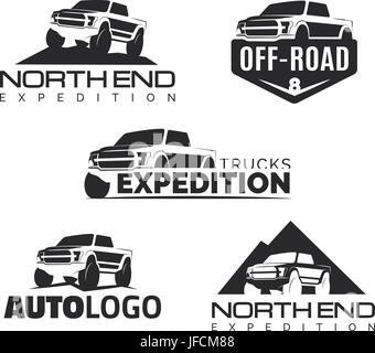 Impostare dei moderni suv emblemi del raccoglitore, icone e loghi. Offroad il ritiro gli elementi di design, 4x4 veicolo illustrazione. Auto Suv modello logo. Illustrazione Vettoriale