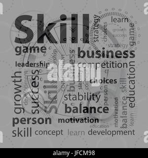 Abilità e competenze del concetto. Illustrazione di vettore per il design. Il testo nero su sfondo grigio Illustrazione Vettoriale