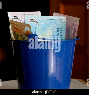 Dollari Neozelandesi in un secchio blu Foto Stock