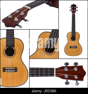 Ukulele chitarra isolato su sfondo bianco collage Foto Stock