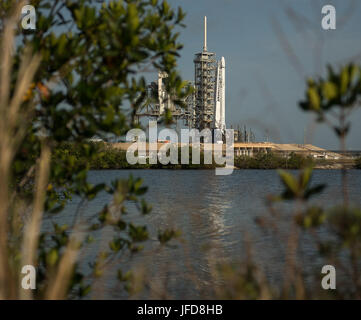 La SpaceX Falcon 9, a razzo con il Drago a bordo veicolo spaziale, è visto poco dopo essere stato sollevato in posizione verticale al complesso di lancio 39A in corrispondenza di NASA Kennedy Space Center di Cape Canaveral, in Florida, giovedì 1 giugno 2017. Dragon sta portando quasi 6.000 libbre di scienza ricerca, equipaggio di materiali di consumo e di hardware per la Stazione Spaziale Internazionale a sostegno della spedizione 52 e 53 membri di equipaggio. Il trunk non pressurizzato del veicolo spaziale sarà anche il trasporto dei pannelli solari, strumenti per l'osservazione della terra e di attrezzature per lo studio di stelle di neutroni. Questo sarà il centesimo lancio e sesto SpaceX lancio, da questo pad. Foto Stock