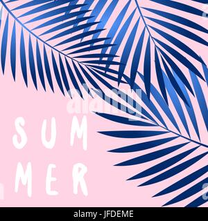 Retrò estate tipografici design con blu di foglie di palma sagome sul rosa pastello sfondo. Illustrazione Vettoriale