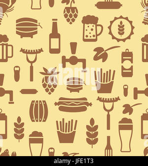 Illustrazione del modello senza soluzione di continuità con le icone di birre e spuntini, vecchio alimento - Carte da parati - Foto Stock