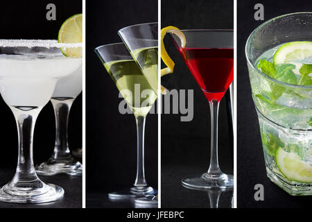 Collage di diversi cocktail su sfondo nero Foto Stock