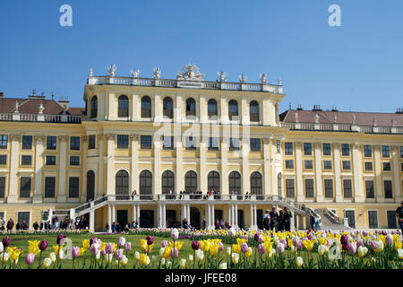 VIENNA, Austria - Aprile 30th, 2017: Palazzo di Schonbrunn a Vienna. Si tratta di un ex imperial 1441-camera Rococo residenza estiva di Sissi Imperatrice Elisabetta d'Austria nella moderna Wien Schoenbrunn Foto Stock