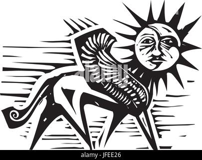 Xilografia stile immagine di un sole e luna faccia sul corpo di un grifone Illustrazione Vettoriale