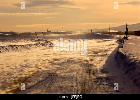 Norvegia, orientale Finnmark, Blizzard, street Foto Stock