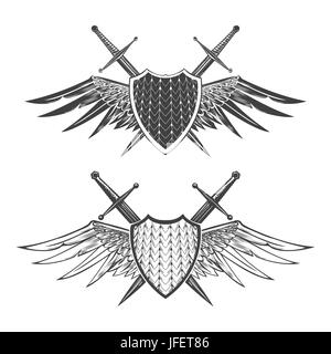 Due schermi con le spade e le ali. Cavaliere araldico o elementi di design. Illustrazione di vettore isolato su bianco. Illustrazione Vettoriale